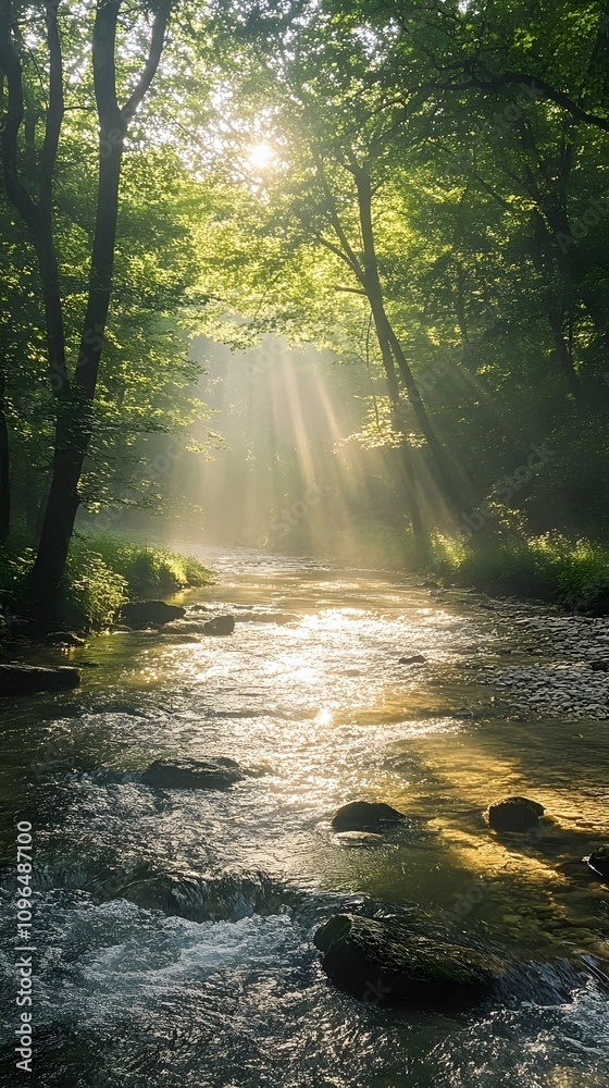 Serene stream flowing under sunlit trees in a lush green forest. Serene stream flowing under sunlit trees in a lush green forest.