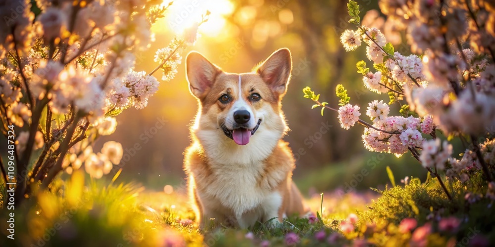 A Playful Corgi Dog Relaxing in a Lush Spring Garden Surrounded by Colorful Flowering Bushes Under Bright Sunshine with a Long Exposure Effect A Playful Corgi Dog Relaxing in a Lush Spring Garden Surrounded by Colorful Flowering Bushes Under Bright Sunshine with a Long Exposure Effect