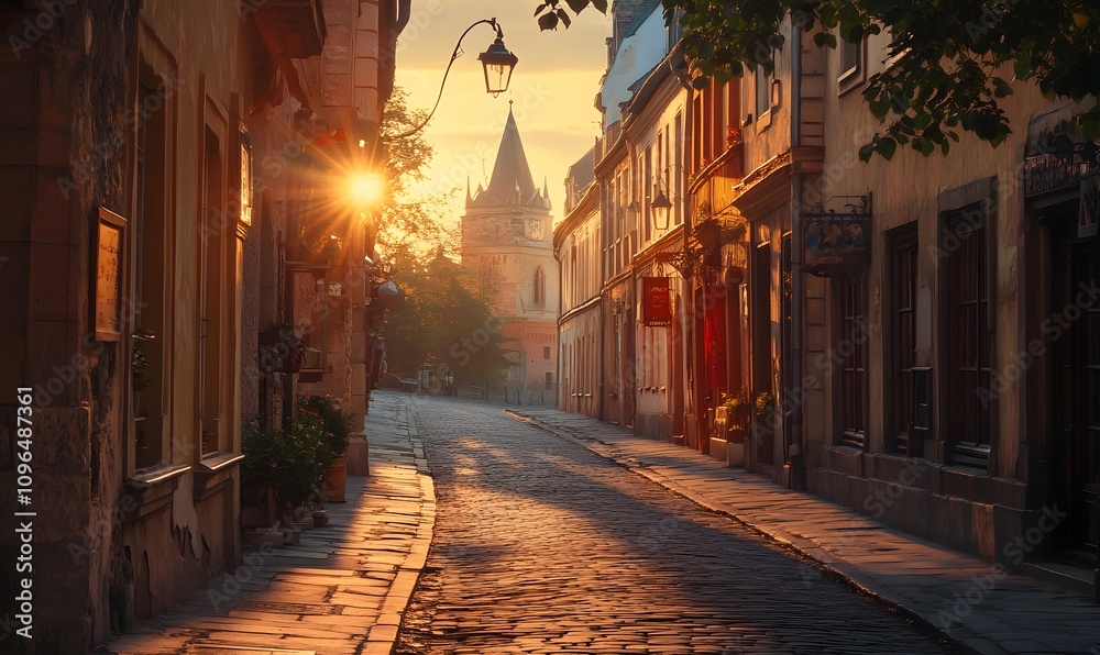 Fototapeta premium A picturesque European street bathed in the warm, golden hues of sunset
