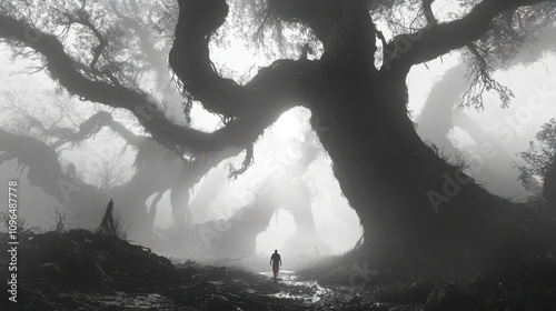 A man walks alone through a misty forest. This photo is perfect for illustrating mystery, isolation, and the unknown.