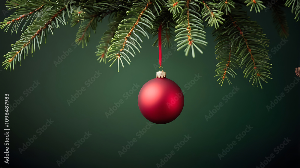 Elegant Red Christmas Ornament Hanging on Pine Tree Branch. Elegant Red Christmas Ornament Hanging on Pine Tree Branch.