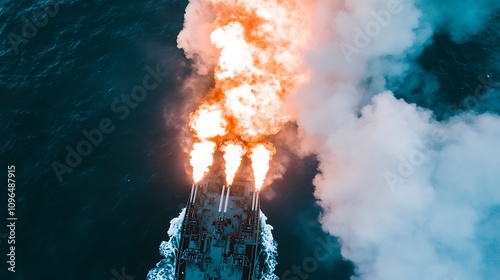 Aerial view of a ship launching missiles, emitting flames and smoke over water. photo