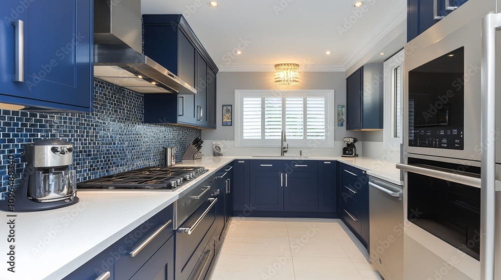 Fototapeta premium This modern kitchen features bold indigo cabinets paired with elegant white quartz countertops, complemented by a chic blue tile backsplash for a captivating and visually appealing finish
