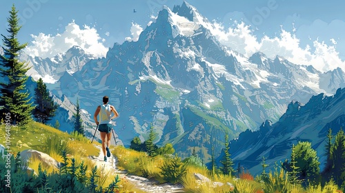 Athlete running on a trail through a scenic mountain landscape