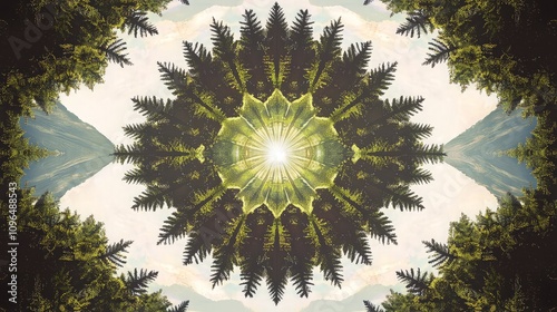 Kaleidoscopic forest mandala with sunburst and mountains.