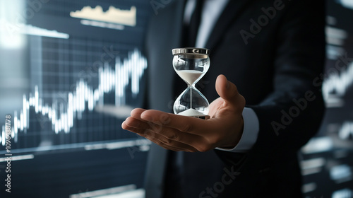 businessman holding white hourglass in open palm. white digital market chart index in the background photo