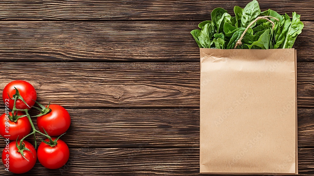 Fresh Cut Tomatoes and Crisp Lettuce Leaves in a Paper Bag on Rustic Wooden Table Ideal for Healthy Eating and Culinary Delights