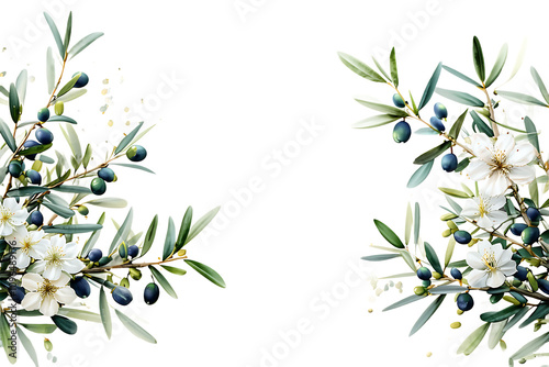 Minimalistic greenery border with olive branches and small white flowers, arranged in a natural arc along the top and bottom. Transparent background.