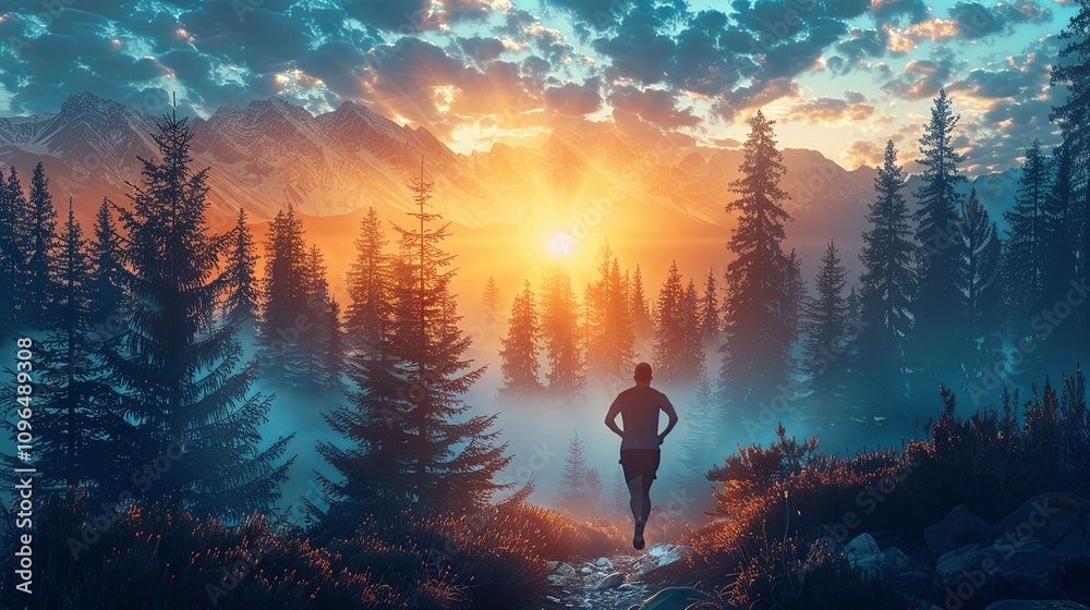 Fototapeta premium Athlete running on a trail through a scenic mountain landscape
