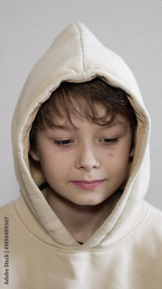 A boy sitting in front of camera in a beige hoodie. Kid takes off his hood and dishevels his brunet hair. Close up. Vertical video A boy sitting in front of camera in a beige hoodie. Kid takes off his hood and dishevels his brunet hair. Close up. Vertical video