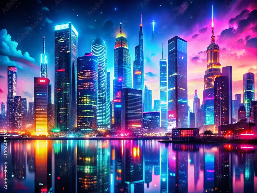 A Stunning Cyberpunk City Skyline at Night with Vibrant Neon Colors and a Bokeh Effect, Showcasing Futuristic Architecture and a Lively Urban Atmosphere A Stunning Cyberpunk City Skyline at Night with Vibrant Neon Colors and a Bokeh Effect, Showcasing Futuristic Architecture and a Lively Urban Atmosphere