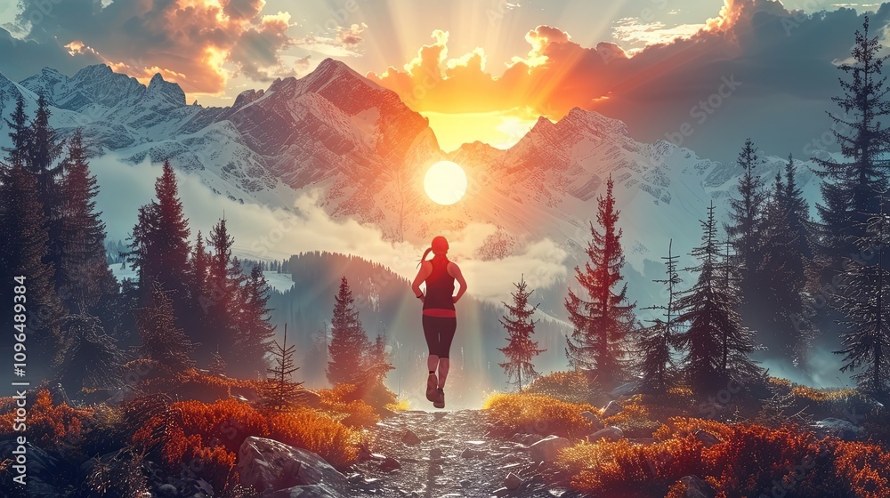 Fototapeta premium Athlete running on a trail through a scenic mountain landscape