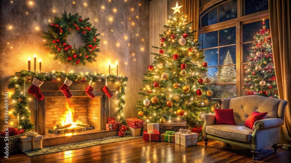 A Stunning Double Exposure of a Beautifully Decorated Christmas Tree Illuminating a Cozy Living Room with Warm Lights and Festive Ornaments Creating a Magical Holiday Atmosphere A Stunning Double Exposure of a Beautifully Decorated Christmas Tree Illuminating a Cozy Living Room with Warm Lights and Festive Ornaments Creating a Magical Holiday Atmosphere