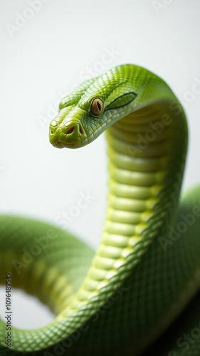 Green snake coiled elegantly showcasing its scales and vivid color in a close-up setting against a neutral background photo