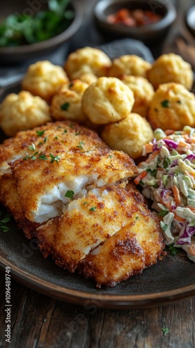 Fried fish served with coleslaw.