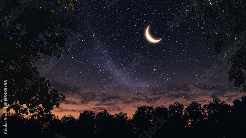 Night sky with crescent moon, stars, and silhouetted trees.