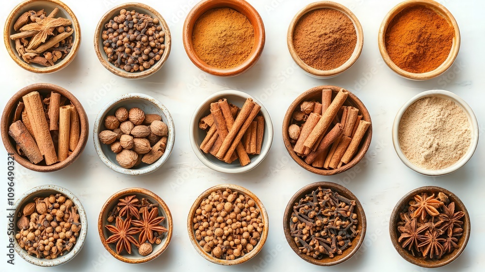 Overhead shot of various spices in small bowls. Overhead shot of various spices in small bowls.