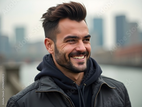 A portrait of a modern man, exuding confidence and style, against an outdoor backdrop, showcasing his charisma and fashionable demeanor.