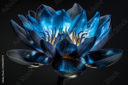 A blue and black lotus illuminated from below, with light creating a glowing halo effect around the petals, enhancing its ethereal beauty. 32k, full ultra hd, high resolution -