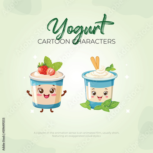 Adorable Yogurt Cartoon Characters Cute Cups, Strawberry, Mint