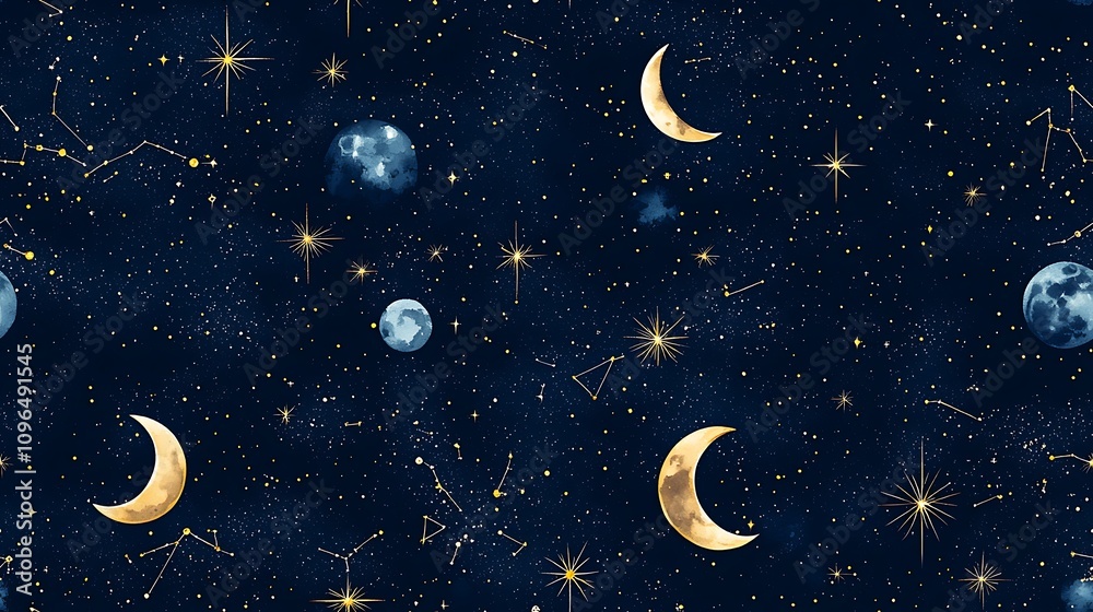 Naklejka premium Seamless pattern Watercolor Celestial Seamless Pattern Night Sky with Moons, Stars, and Constellations.