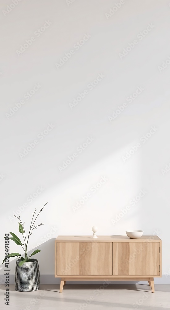 Minimalist living room interior with wooden cabinet, plant and decorative items. Minimalist living room interior with wooden cabinet, plant and decorative items.