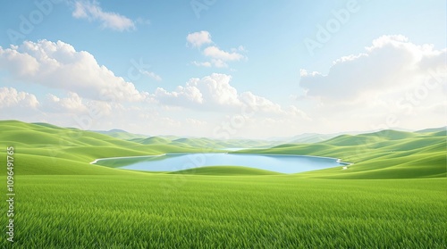 Artificial turf landscape with a serene lake and surrounding hills in the background, lake, scenery