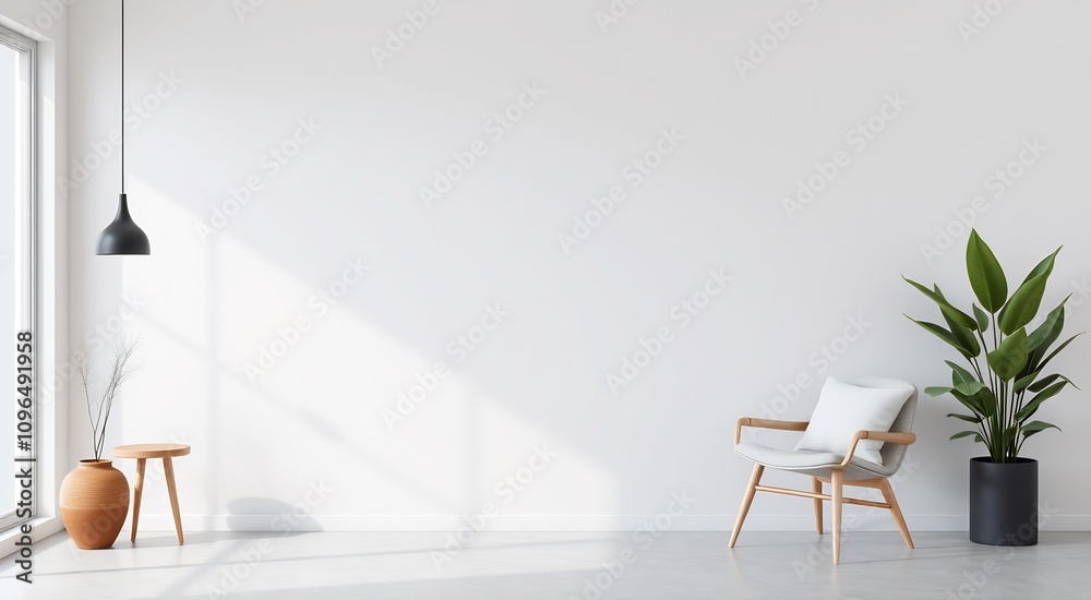 Minimalist interior design with a white chair, a vase, a plant and a wooden side table against a white wall. Minimalist interior design with a white chair, a vase, a plant and a wooden side table against a white wall.