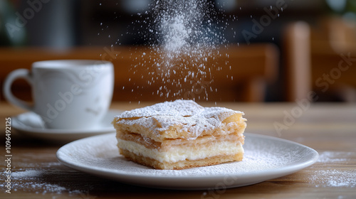 Slice of Mpougatsa with Powdered Sugar and Coffee photo