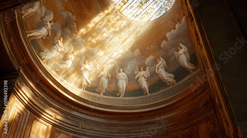 Historic Churches and Art and Iconography. A stunning ceiling mural featuring ethereal figures bathed in golden light, creating a heavenly and serene atmosphere. photo