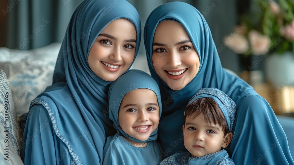 A heartwarming portrait of a Muslim family, two women in teal hijabs embrace their two adorable children, creating a serene and loving atmosphere. A heartwarming portrait of a Muslim family, two women in teal hijabs embrace their two adorable children, creating a serene and loving atmosphere.