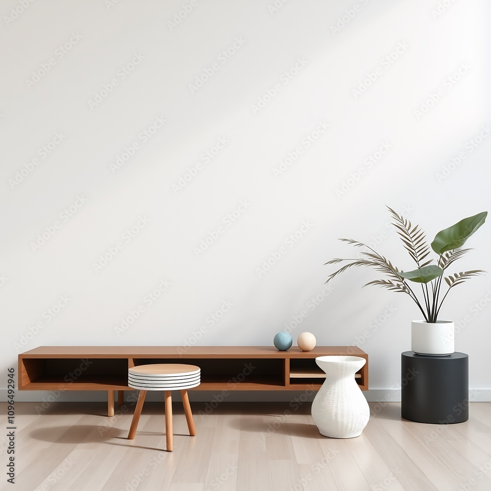 Modern living room interior with wooden shelf, stool, vase and potted plant. Modern living room interior with wooden shelf, stool, vase and potted plant.