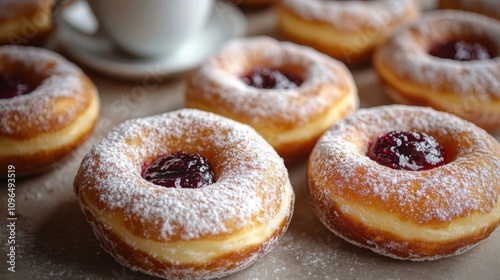 Fresh donuts with cherry jelly.