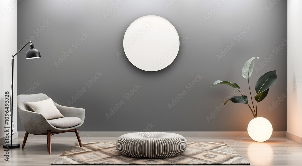Minimalist living room with a gray armchair, round ottoman and a large round light fixture on the wall. Minimalist living room with a gray armchair, round ottoman and a large round light fixture on the wall.