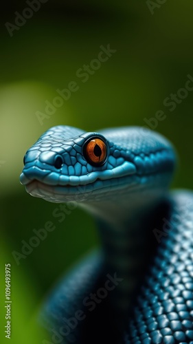 Bright blue snake posing with striking orange eye in natural habitat during daylight