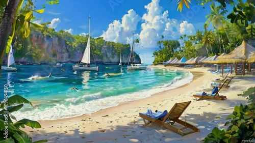 Vibrant tropical scenery featuring a waterfall cascading over rocks Lush palms and a rainforest are visible in the background The scene is depicted in a colorful 2D cartoon style