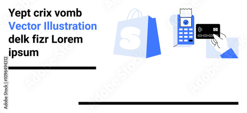 Bank card tapping on payment terminal next to shopping bag with placeholder text on a white background. Ideal for e-commerce, fintech, business presentations, online shopping, retail promotions