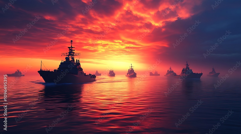 A fleet of warships sailing at sunset, creating a dramatic maritime scene. A fleet of warships sailing at sunset, creating a dramatic maritime scene.