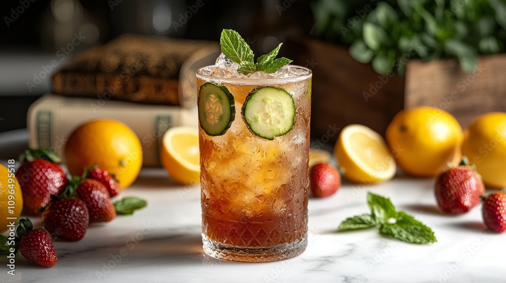 Refreshing Pimms Cup cocktail served tall glass fresh fruits and mint bright background perfect summer gatherings