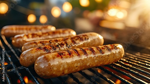 Family enjoying a summer night barbecue with grilled sausages, outdoor ambiance, and casual dining in the backyard photo