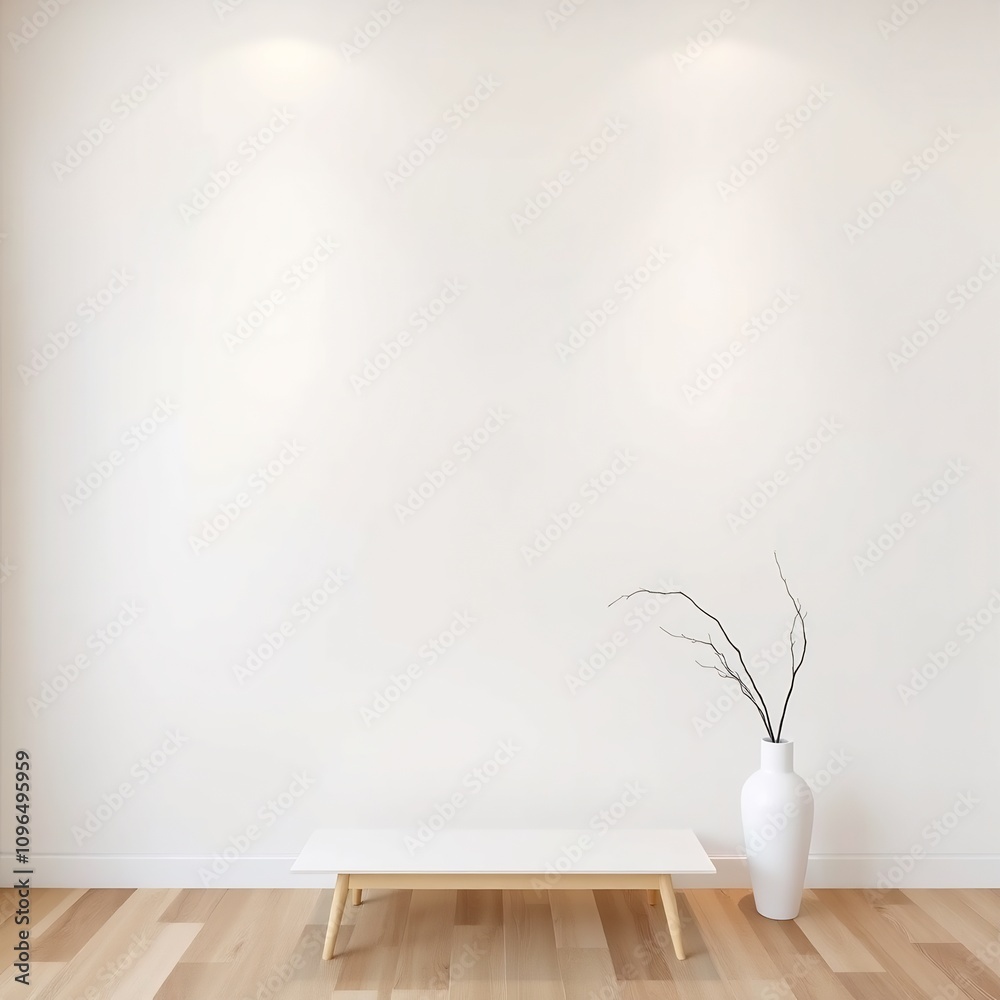 Minimalist interior design with a white table and vase with a twig. Minimalist interior design with a white table and vase with a twig.