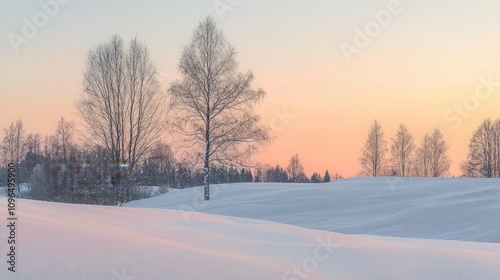 Serene winter sunset over snow-covered field with leafless trees.