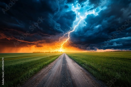 Captivating Moment of Lightning Bolt Striking the Dramatic Landscape with Dark Clouds and Vibrant Sunset Over an Open Field photo