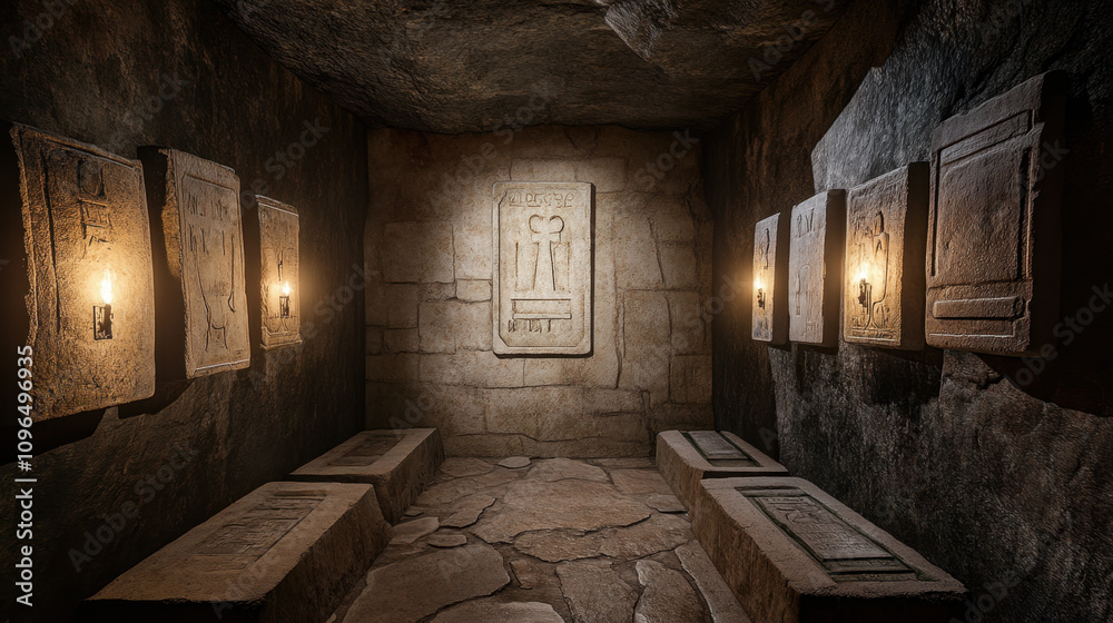Historic Churches and Art and Iconography. A dimly lit ancient chamber with stone walls, featuring illuminated inscriptions and benches, evoking a sense of mystery and historical significance.