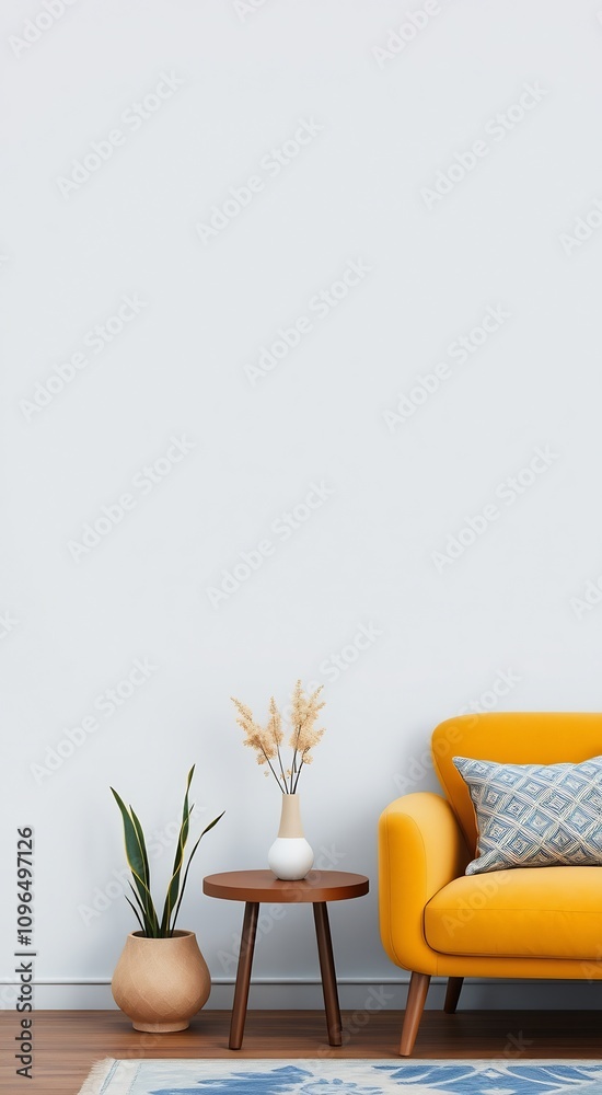 Yellow sofa with wooden legs, a plant in a pot, a round wooden table with a vase of dried flowers. Yellow sofa with wooden legs, a plant in a pot, a round wooden table with a vase of dried flowers.