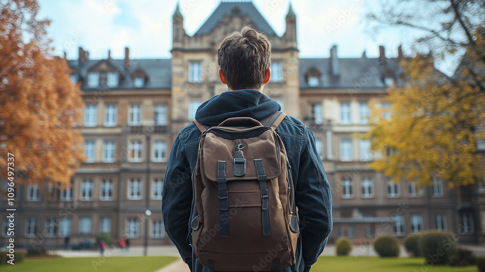 A student wearing a brown backpack stands in front of a historic university building surrounded by autumn trees, showcasing academic ambition and campus life. A student wearing a brown backpack stands in front of a historic university building surrounded by autumn trees, showcasing academic ambition and campus life.
