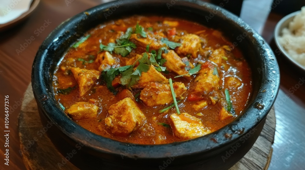 A spicy chicken curry served in a traditional stone pot. A spicy chicken curry served in a traditional stone pot.