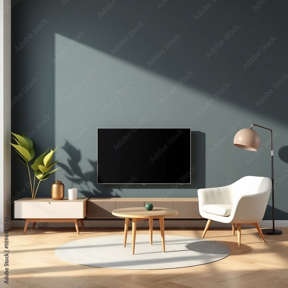 Minimalist living room interior with a tv, armchair and wooden floor. Minimalist living room interior with a tv, armchair and wooden floor.