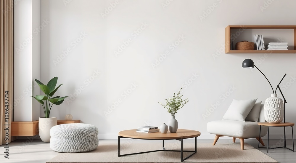Minimalist living room interior with a white sofa, a round coffee table, and a large plant in a white pot. Minimalist living room interior with a white sofa, a round coffee table, and a large plant in a white pot.
