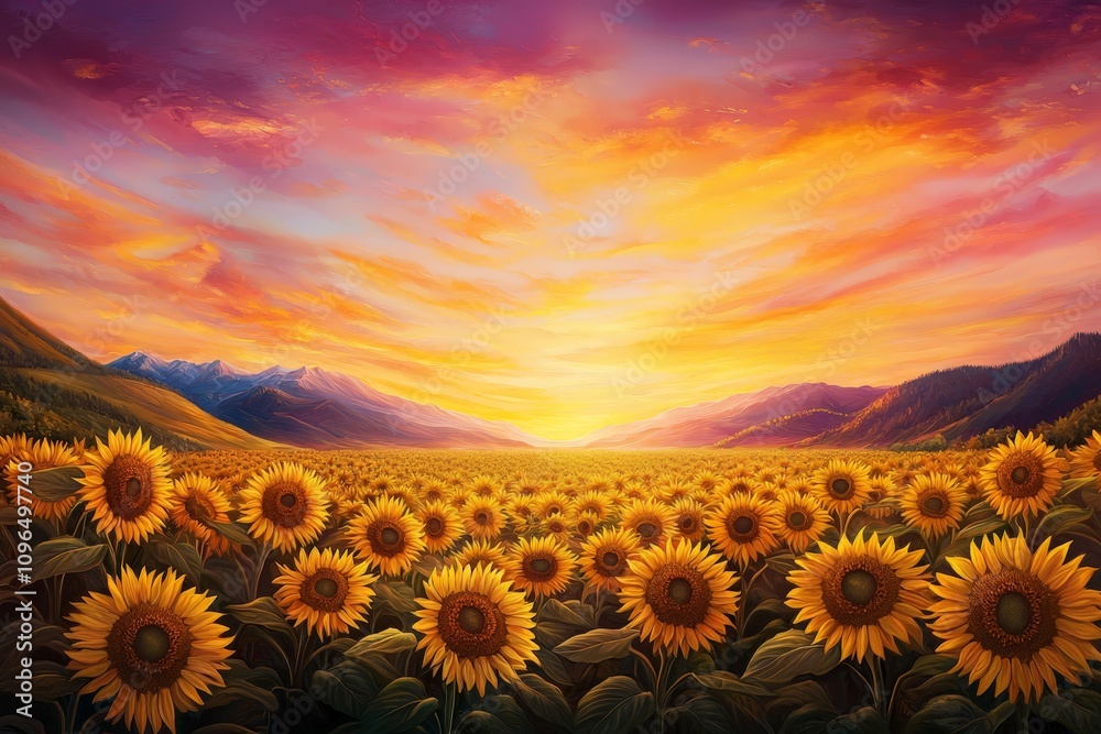 Obraz premium Breathtaking View of Endless Sunflower Field Under the Vibrant Sunset Sky with Mountains in the Background, Capturing the Essence of Nature’s Splendor